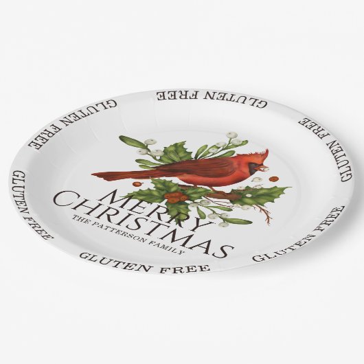 Assiettes En Carton Gluten Libre Joyeux Noël Rouge Cardinal Holly (Angle)