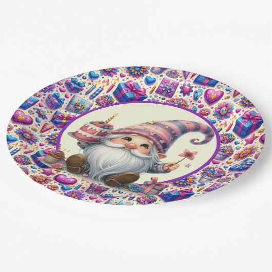 Assiettes En Carton Gnome d'anniversaire violet (Angle)