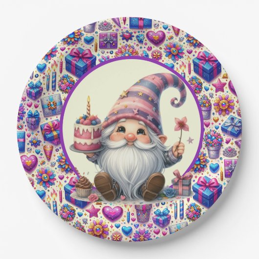 Assiettes En Carton Gnome d'anniversaire violet (Devant)