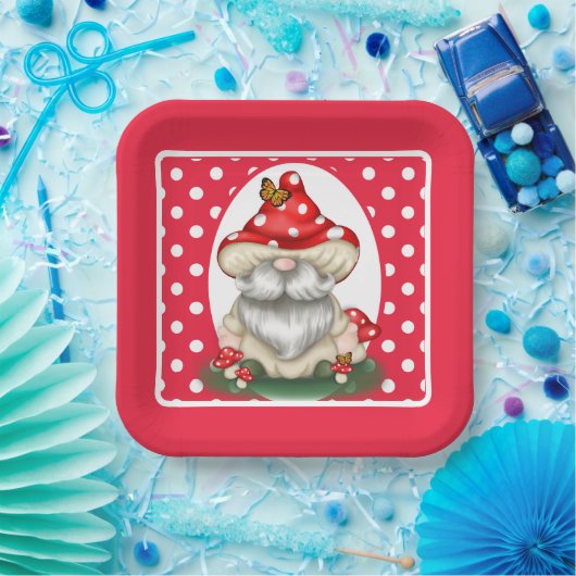 Assiettes En Carton Gnome de champignon à pois rouge (Fête)