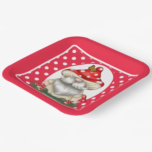 Assiettes En Carton Gnome de champignon à pois rouge (Angulaire)