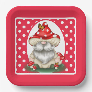 Assiettes En Carton Gnome de champignon à pois rouge