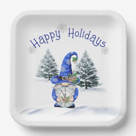 Assiettes En Carton Gnome de Noël bleu avec horloge (Recto)