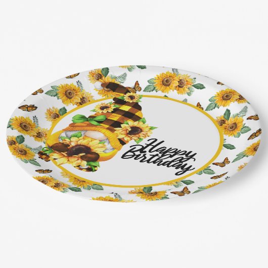 Assiettes En Carton Gnome Joyeux Anniversaire Tournesol (Angle)