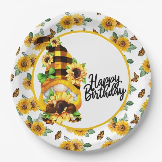 Assiettes En Carton Gnome Joyeux Anniversaire Tournesol (Devant)