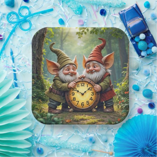 Assiettes En Carton Gnomes Forestiers Avec Ancienne Horloge (Fête)