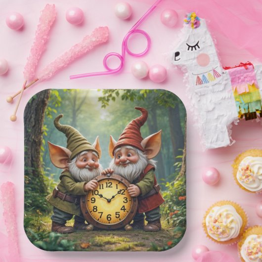 Assiettes En Carton Gnomes Forestiers Avec Ancienne Horloge (Fête)