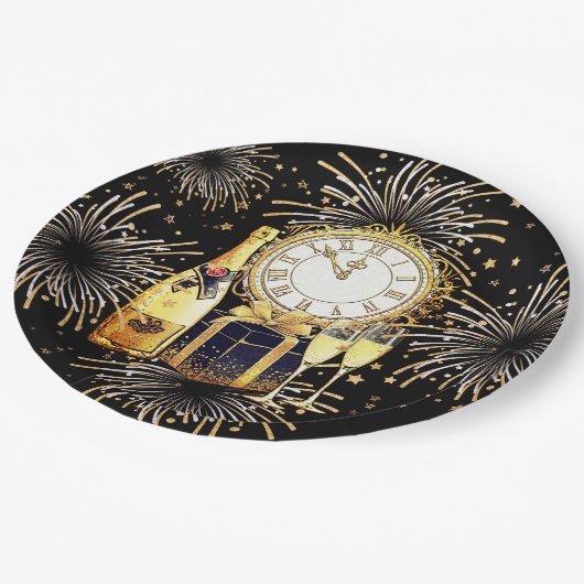 Assiettes En Carton Gold Black 2023 Parti du Nouvel An (Angle)