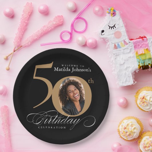Assiettes En Carton Gold Black 50th Birthday Calligraphy Photo personn (Fête)