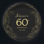 Assiettes En Carton Gold Black 60e anniversaire<br><div class="desc">Plaques en or noir 60ème anniversaire de fête de fête. Doté d'accents botaniques modernes et de polices de caractères typographiques. Un design floral simple,  parfait pour une célébration anniversaire élégante. Peut être customisé pour n'importe quel âge.</div>