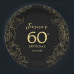 Assiettes En Carton Gold Black 60e anniversaire<br><div class="desc">Plaques en or noir 60ème anniversaire de fête de fête. Doté d'accents botaniques modernes et de polices de caractères typographiques. Un design floral simple,  parfait pour une célébration anniversaire élégante. Peut être customisé pour n'importe quel âge.</div>