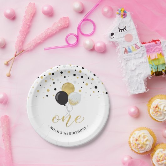 Assiettes En Carton Gold & Black Confetti Ballons 1er anniversaire (Fête)