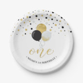 Assiettes En Carton Gold & Black Confetti Ballons 1er anniversaire (Devant)