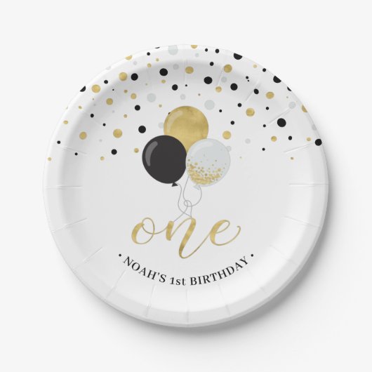 Assiettes En Carton Gold & Black Confetti Ballons 1er anniversaire (Devant)