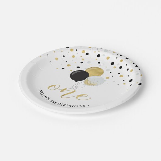 Assiettes En Carton Gold & Black Confetti Ballons 1er anniversaire (Angle)