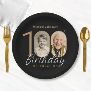 Assiettes En Carton Gold Black Elegant Photo 100th Birthday Party