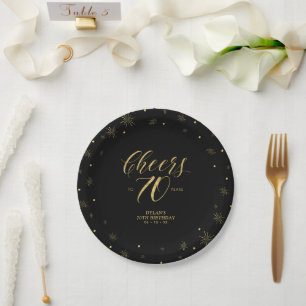 Assiettes En Carton Gold & Black Sparkle Cheers 70e anniversaire