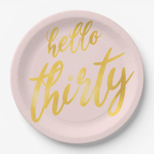 Assiettes En Carton Gold Blush "Hello Thirty" Birthday Big Type
