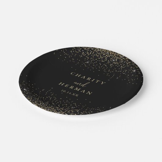 Assiettes En Carton Gold Confetti Fancy Script Mariage Gâteau (Angle)