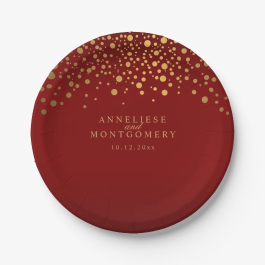 Assiettes En Carton Gold Confetti Maroon Rouge (Devant)