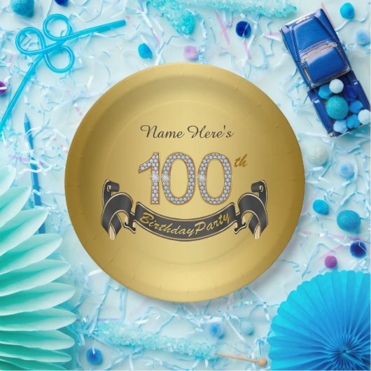 Assiettes En Carton Gold Diamond 100e fête d'anniversaire (Fête)