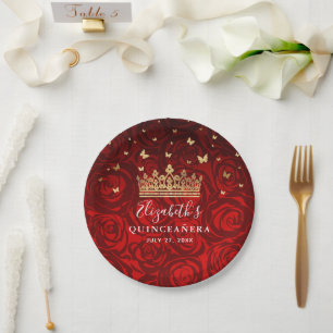 Assiettes En Carton Gold et Red Quinceanera Anniversaire Modèle de fêt