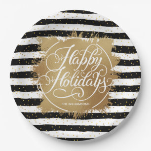Assiettes En Carton Gold Faux Foil Black White Strips Holiday
