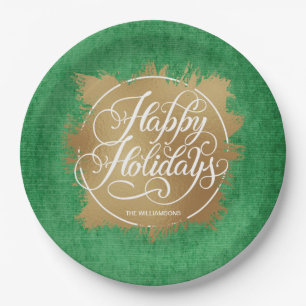 Assiettes En Carton Gold Faux Foil Happy Holidays Green