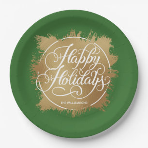 Assiettes En Carton Gold Faux Foil Happy Holidays Green
