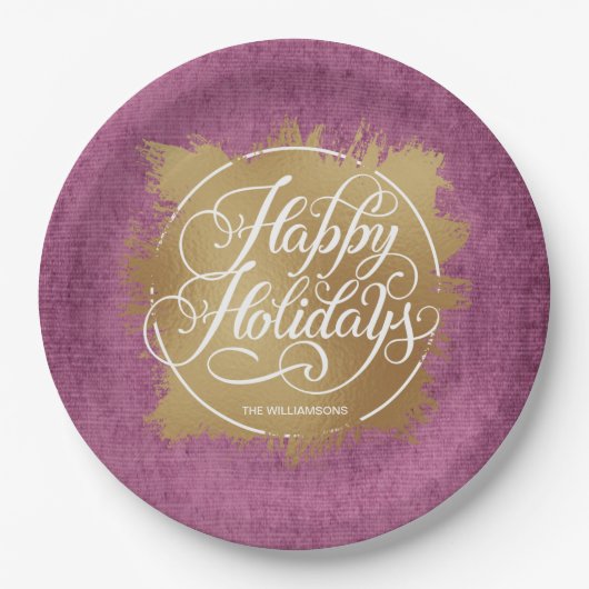 Assiettes En Carton Gold Faux Foil Joyeux vacances violet (Devant)