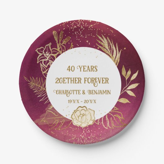 Assiettes En Carton Gold Floral 40 ans Anniversaire Ruby Mariage (Devant)