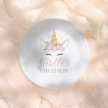 Assiettes En Carton Gold Floral Magique Unicorn Fille fête d'anniversa<br><div class="desc">Ajoutez un peu de plaisir à votre fête d'anniversaire avec ces plaques en papier! Conçu pour s'adapter à notre collection Modern Gold Floral Magical Unicorn Birthday Party, ce design présente un visage de licorne avec une tiare de roses, cils violets, étoiles jaunes et typographie moderne. Cliquez sur "Personnalisez ce modèle"...</div>
