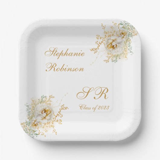 Assiettes En Carton Gold Floral Monogram Graduation Party (Recto)