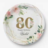 Assiettes En Carton Gold & Floral Personalized Custom 80th (Devant)