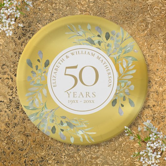 Assiettes En Carton Gold Foil Greenery 50e anniversaire Mariage