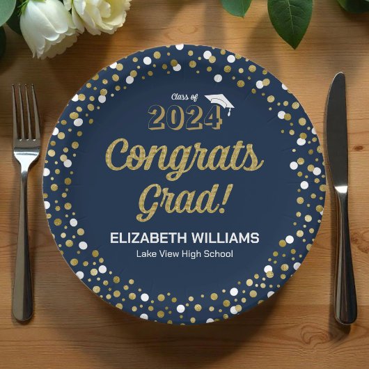 Assiettes En Carton Gold Foil Script Confetti Congrats Grad Blue