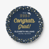 Assiettes En Carton Gold Foil Script Confetti Congrats Grad Blue (Devant)