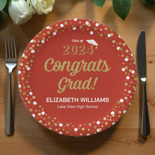 Assiettes En Carton Gold Foil Script Confetti Congrats Grad Red
