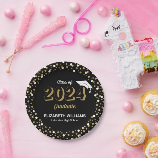 Assiettes En Carton Gold Foil Script Confetti Graduation Party Noir (Fête)