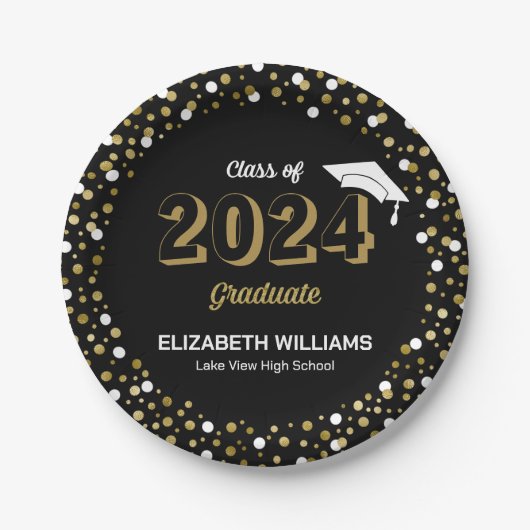 Assiettes En Carton Gold Foil Script Confetti Graduation Party Noir (Devant)