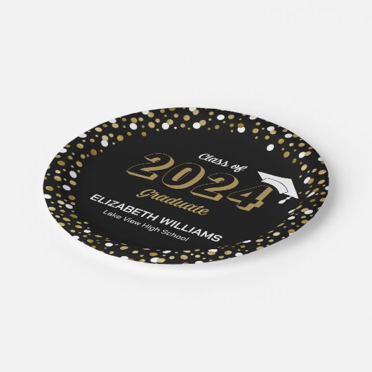 Assiettes En Carton Gold Foil Script Confetti Graduation Party Noir (Angle)