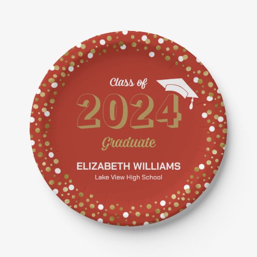 Assiettes En Carton Gold Foil Script Confetti Graduation Party Rouge (Devant)