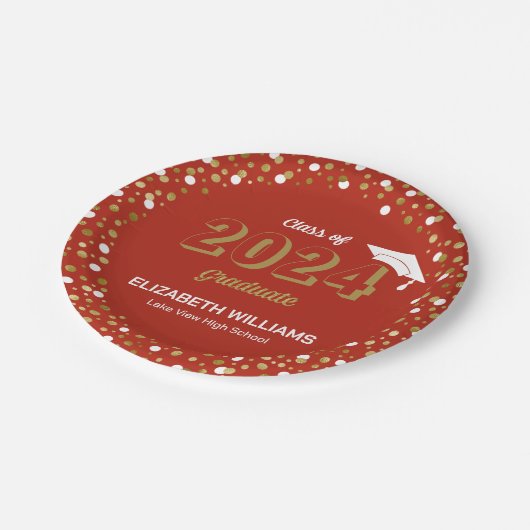 Assiettes En Carton Gold Foil Script Confetti Graduation Party Rouge (Angle)