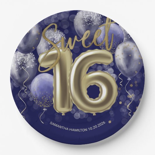 Assiettes En Carton Gold Foil Sweet 16 Anniversaires Ballons Party Roy (Devant)