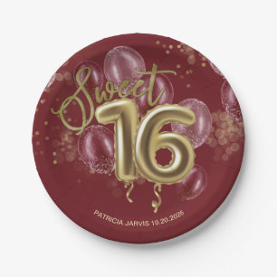 Assiettes En Carton Gold Foil Sweet 16 Ballons d'anniversaire Bourgogn
