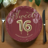 Assiettes En Carton Gold Foil Sweet 16 Ballons d'anniversaire Burgundy