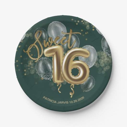 Assiettes En Carton Gold Foil Sweet 16 Ballons d'anniversaire Emerald (Devant)
