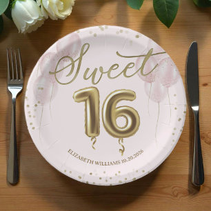Assiettes En Carton Gold Foil Sweet 16 Ballons d'anniversaire rose