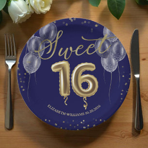 Assiettes En Carton Gold Foil Sweet 16 Ballons d'anniversaire Royal Bl