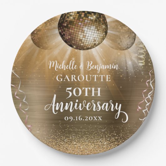 Assiettes En Carton Gold Glam Disco Ball 50e anniversaire Mariage (Devant)
